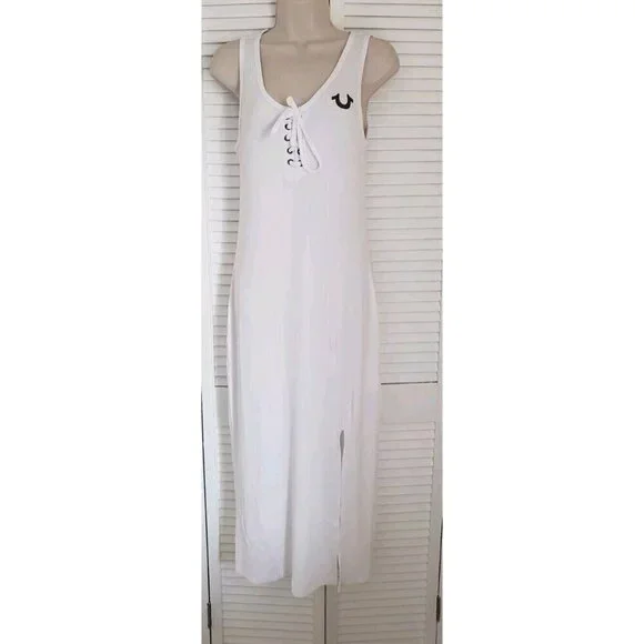 NWT TRUE RELIGION WHITE LACE UP HS LOGO MIDI DRESS MEDIUM - Picture 2 of 9